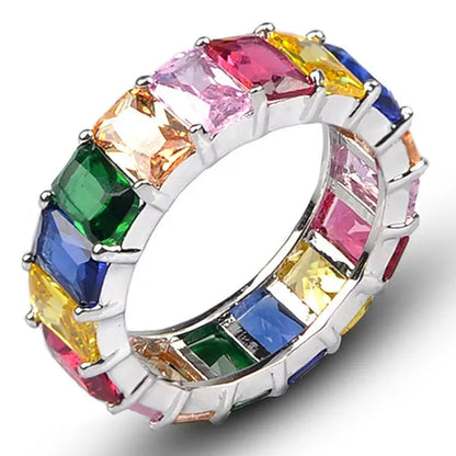 Silver Ring Colored Square Rainbow Ring Statement Crown Ring Natural Gemstones Ring Wedding Bride Engagement Band Charm Party Ring Jewelry