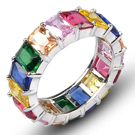 Silver Ring Colored Square Rainbow Ring Statement Crown Ring Natural Gemstones Ring Wedding Bride Engagement Band Charm Party Ring Jewelry