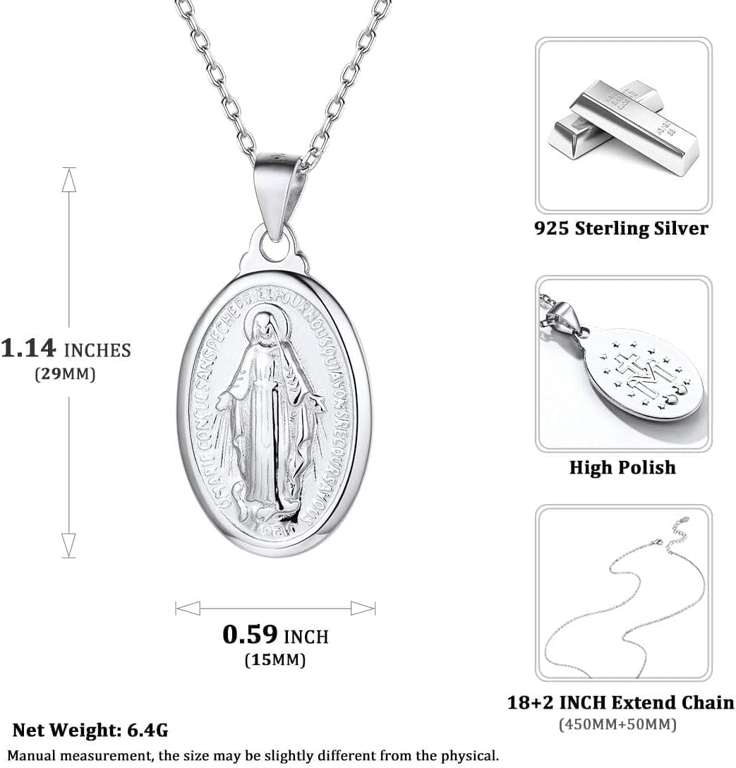 Personalized Virgin Mary Necklace 925 Sterling Silver Religious Christian Jewelry Oval Medal Coin Pendant Necklace for Women Men(With Gift Box)