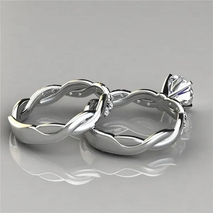 Women's Dainty  Twist Round Cut White Sapphire Ring Set Bridal Engagement Diamond Ring Wedding Band Anniversary Gift Banquet Party Jewelry Ring Size 5-11