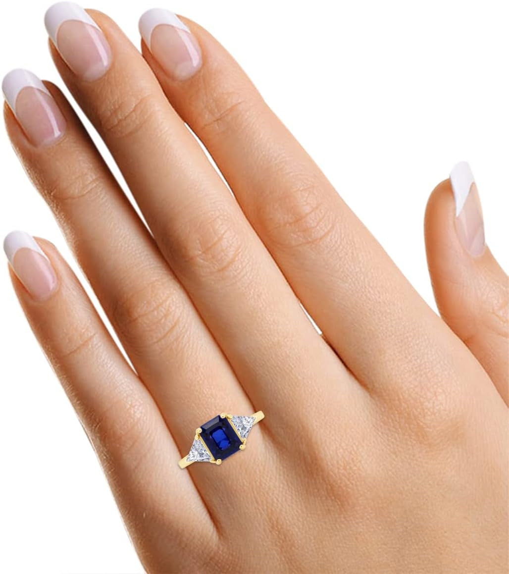 14K Gold Plated 925 Sterling Silver Emerald Cut Blue Sapphire with Trillion White Topaz Ring for Women Statement Jewelry, Gift for Her
