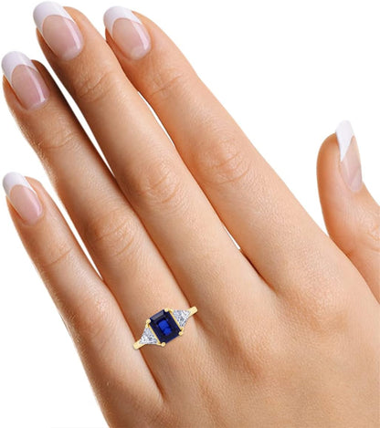 14K Gold Plated 925 Sterling Silver Emerald Cut Blue Sapphire with Trillion White Topaz Ring for Women Statement Jewelry, Gift for Her
