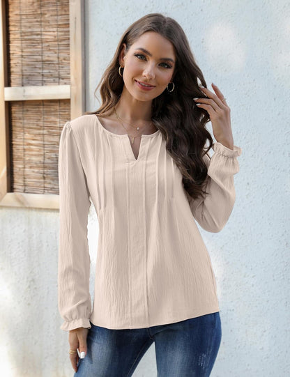 Womens Tops Dressy Casual Long Sleeve Shirts V Neck Chiffon Blouses Fall Clothes 2024