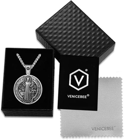 ® Best Saint Benedict Medal Protection Cross Sacramental Christian Amulet Exorcism Solid 925 Sterling Silver Pendant Necklace + Velvet Pouch, Polishing Cloth, Fine Gift Box