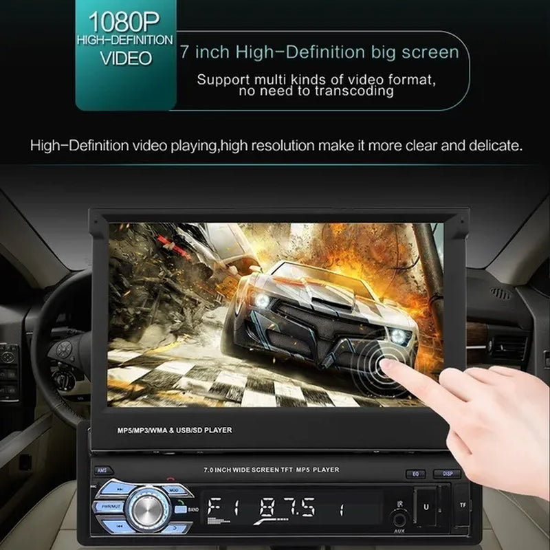 7Inch HD Retractable Touch Screen 1Din Car Stereo Audio Bluetooth Car Radio FM USB Support Mirror Link and Backup Camera(Optional)
