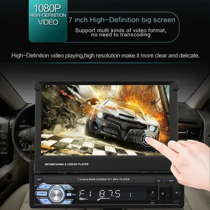 7Inch HD Retractable Touch Screen 1Din Car Stereo Audio Bluetooth Car Radio FM USB Support Mirror Link and Backup Camera(Optional)