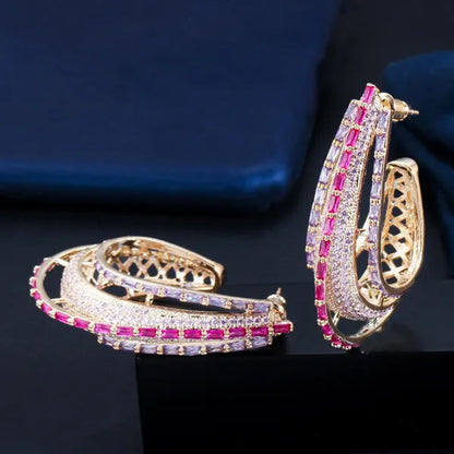 CANDICE Dubai Luxury Trendy Ear Jewelry Full Micro Pave Rose Red Purple CZ Crystal Hollow-out Design Arc Hoop Earrings for Dinner Party
