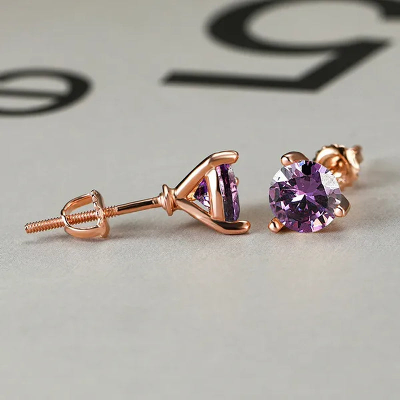 Chic 18K Gold Three-Prong Martini Round Amethyst Stud Earrings Bride Wedding Engagement Jewelry Gifts 6mm/7mm/8mm