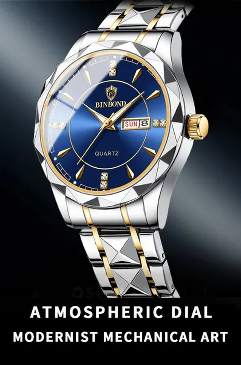 BINBOND Men's Fashion Quartz Watches Ultra Thin Diamond Stainless Steel Watch Waterproof Luminous Wrist Watch