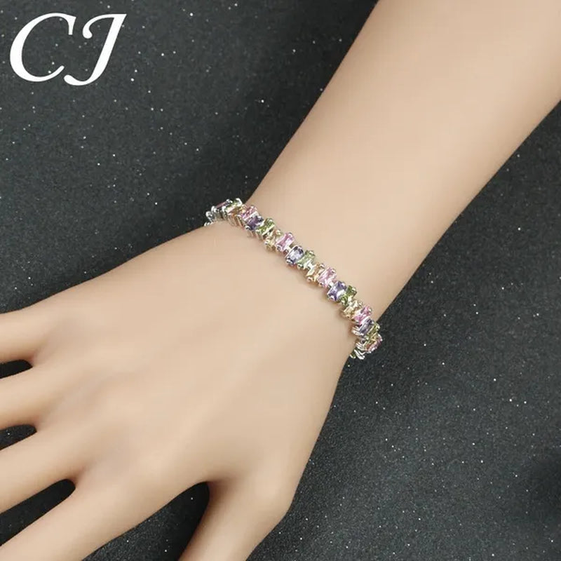 CANDICE High Quality Silver Plating Clear Rectangle CZ Setting Exquisite Women Dinner Party Green Tennis Bracelet Jewelry with Extended Clasp