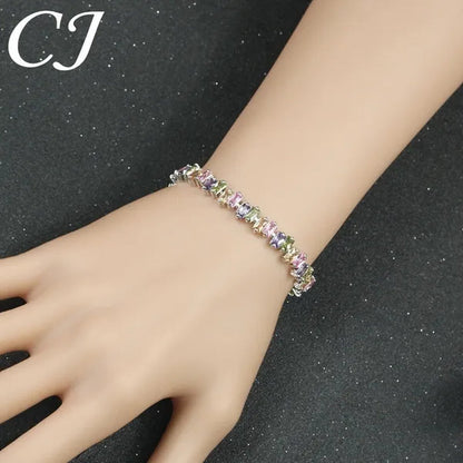 CANDICE High Quality Silver Plating Clear Rectangle CZ Setting Exquisite Women Dinner Party Green Tennis Bracelet Jewelry with Extended Clasp
