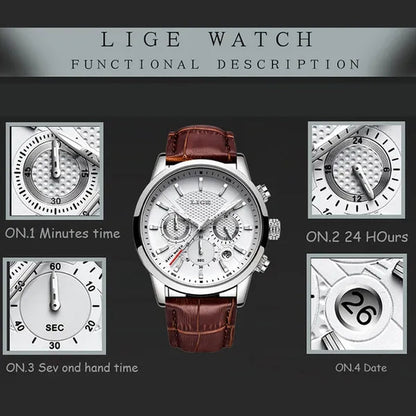 2019 LIGE New Fashion Gift Men Watch Leather Analog Quartz watches  Waterproof Chronograph Watch Sport Date Watch