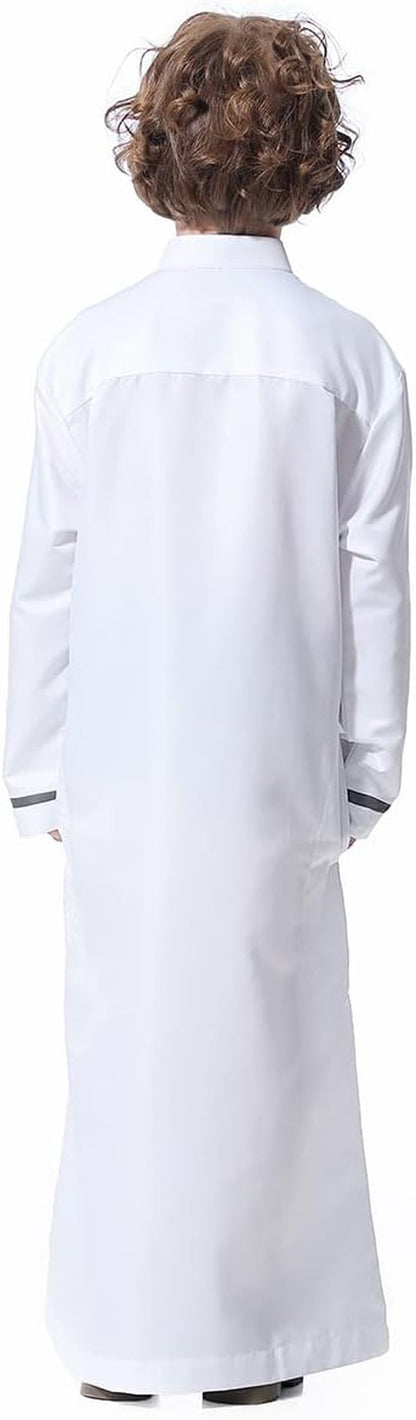 Kids Boys Muslim Thobe Long Sleeve Islamic Arabic Kaftan Robe Middle East Dubai Prayer Outfit with Pocket