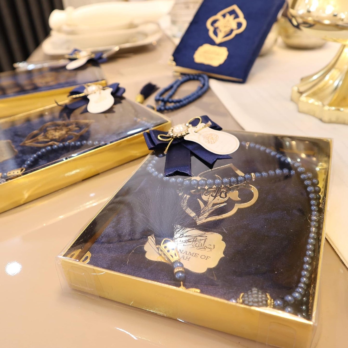 IEF Pack of 5 Personalized Velvet Yaseen Dua Book Prayer Beads Islamic Party Favor Gift, Decorated Navy Blue Pearl Prayer Bead Muslim Gift Set for Ramadan Eid Hajj Umrah Wedding Baby Shower