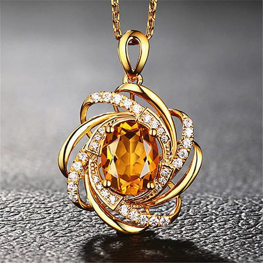 Yellow Crystal Citrine Gemstones Diamonds Pendant Necklaces for Women Gold Tone Choker Chain Jewelry