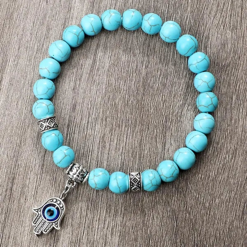 Turkey Evil Eye Beaded Bracelets Butterfly Buddhist Palm Hand Owl Turtle Alloy Pendant Bracelet Women Men Lucky Stretch Bangles Jewelry