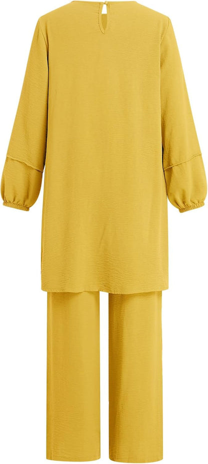 Abayas Dress for Women Muslim Long Sleeve Loose Top Pants 2 Pcs Dubai Islamic Muslim Women Matching Sets