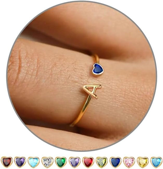 Birthstone Rings for Women 26 A-Z Initial Ring Adjustable 14K Gold Ring Birthday Gifts for Her Rings for Teen Sister Bridesmaid Gifts Dainty Letter Jewelry