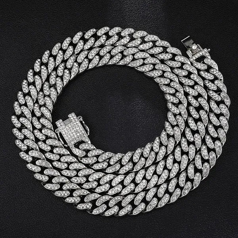 Hip Hop Iced Out Paved Rhinestones 13MM Full Miami Curb Cuban Chain CZ Bling Rapper Necklaces Bracelet Watch for Men Jewelry Set
