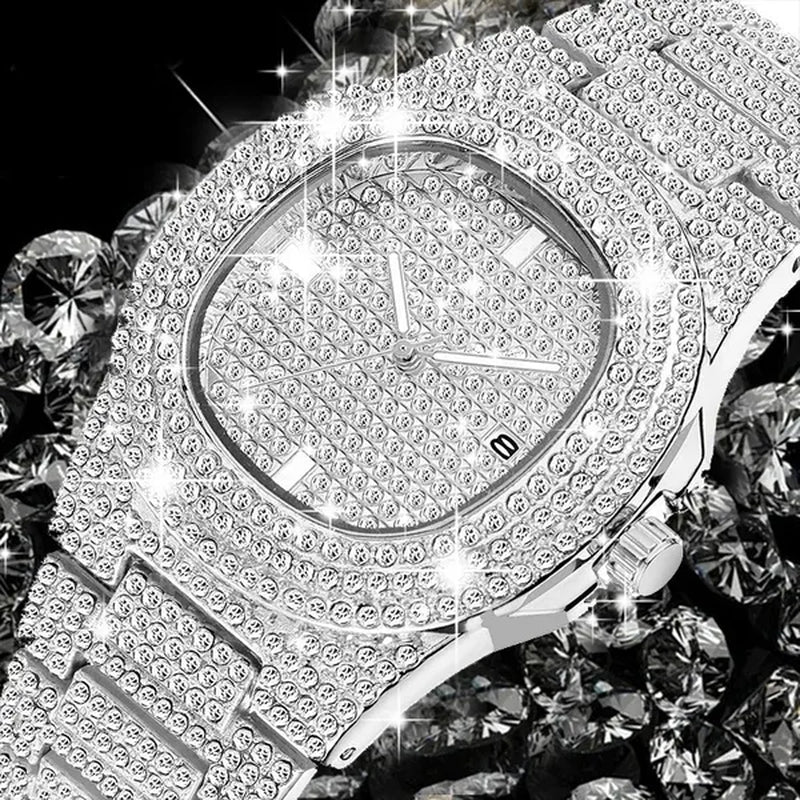 Hip Hop Iced Out Paved Rhinestones 13MM Full Miami Curb Cuban Chain CZ Bling Rapper Necklaces Bracelet Watch for Men Jewelry Set
