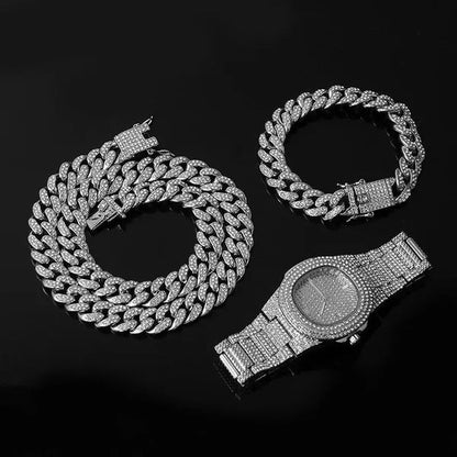Fashion Gold Stainless Steel Hip Hop Jewelry Iced Out Diamond Thick Miami Cuban Link Chain Necklace Bracelet Watch Ring Jewelry Set