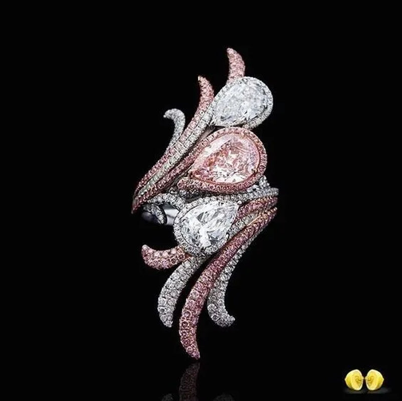 Chic 925 Sterling Silver Natural Gemstone Pear Cut White and Pink  Diamond Ring Women Wedding Engagement Fine Jewelry