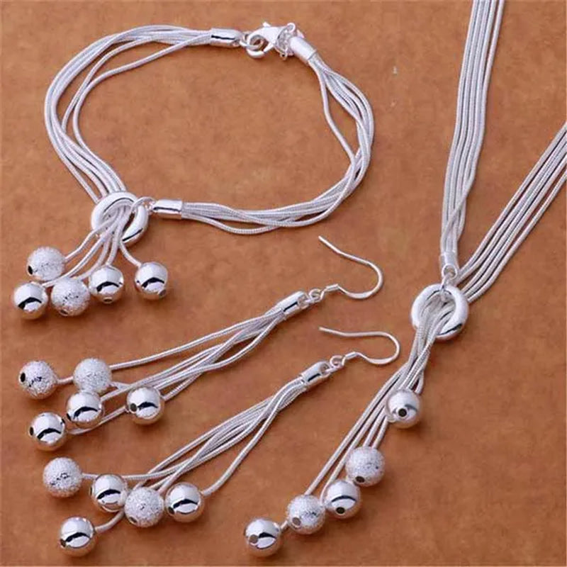 Women's Fashion 925 Sterling Silver Five-line Snake Chain Matte Smooth Bead Pendant Necklace Bracelet Earring Jewelry Set