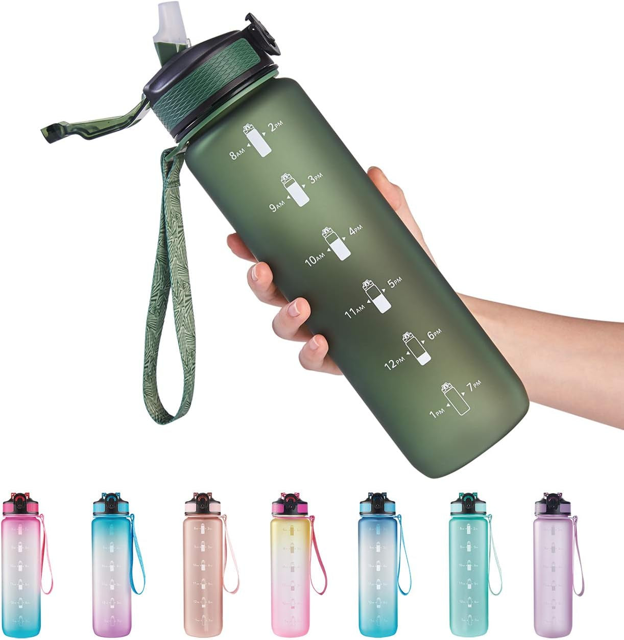 32 Oz Water Bottle with Time Marker, Carry Strap, Leak-Proof Tritan Bpa-Free, Ensure You Drink Enough Water for Fitness, Gym, Camping, Outdoor Sports