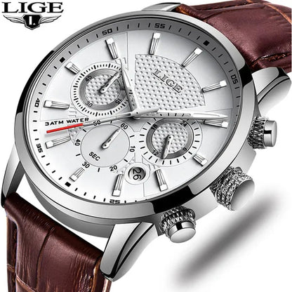 2019 LIGE New Fashion Gift Men Watch Leather Analog Quartz watches  Waterproof Chronograph Watch Sport Date Watch