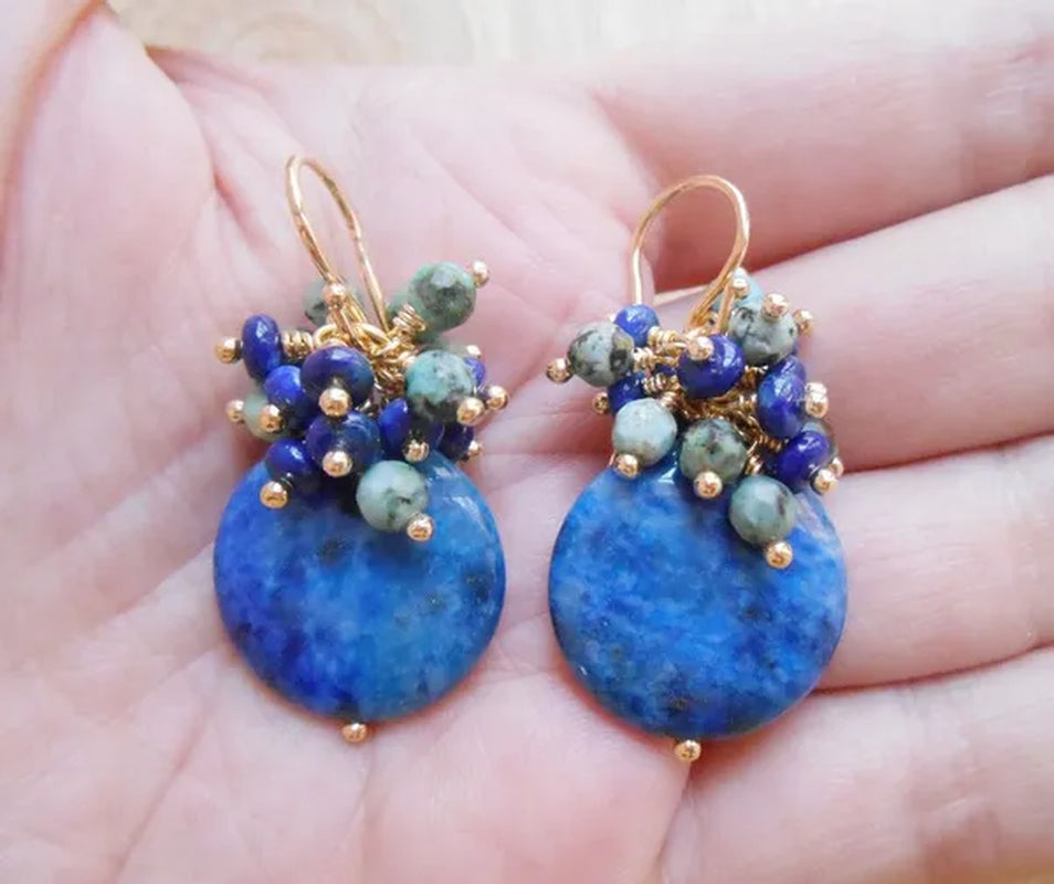 L'azur infini gemstone cluster earrings denim navy blue green dangle drop lapis lazuli coin African turquoise gold fill December birthstone