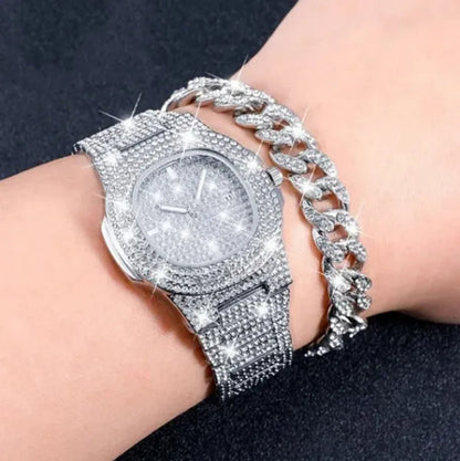 Men's Hip Hop Fashion Luxury 18K Gold and 925 Silver Ice-wound Hip Hop Diamond Watch Miami Cuban Bracelet and Ladies Watch Silver Diamond Bracelet Men and Women Hip Hop Party Jewelry