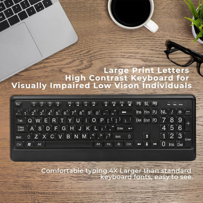 Large Print Backlit Keyboard, Quiet USB Wired Computer Keyboard, Full Size Keyboard with White Illuminated LED Compatible for Windows Desktop, Laptop, PC, Gaming, Black