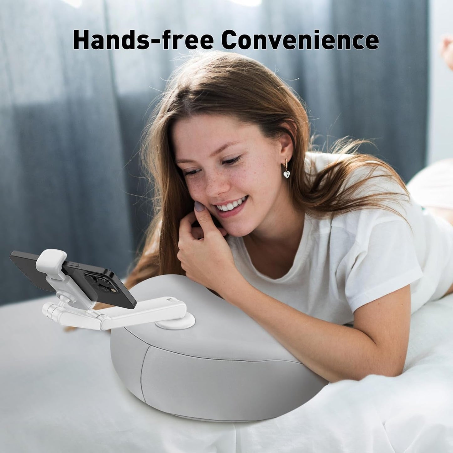 Pillow Phone Holder for Bed, 360° Bed Phone Holder Laying Down, Hands-Free Iphone Stand for Bed/Sofa/Lap, Compatible W/ 4.7"-7.0" Cell Phones, Flexible Dual Arm with Microbead Cushion