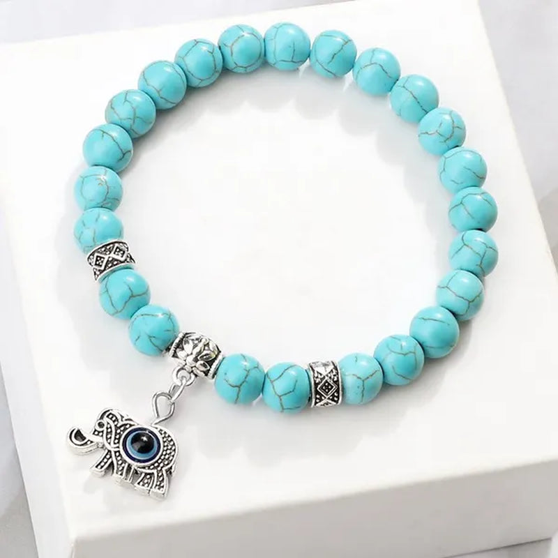 Turkey Evil Eye Beaded Bracelets Butterfly Buddhist Palm Hand Owl Turtle Alloy Pendant Bracelet Women Men Lucky Stretch Bangles Jewelry