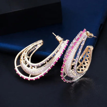 CANDICE Dubai Luxury Trendy Ear Jewelry Full Micro Pave Rose Red Purple CZ Crystal Hollow-out Design Arc Hoop Earrings for Dinner Party