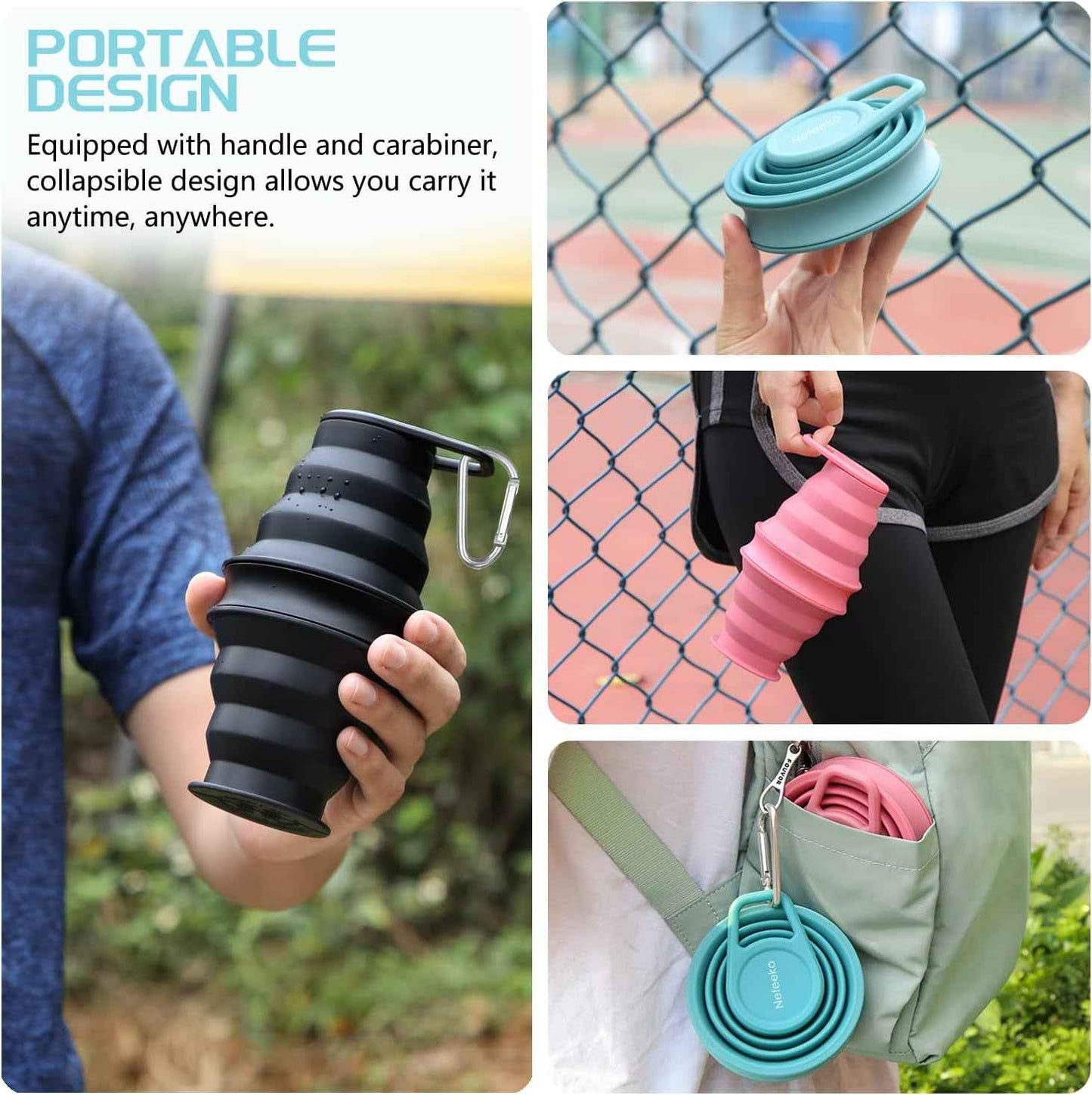 Collapsible Water Bottle,17Oz(500Ml) Reuseable BPA Free Silicone Foldable Water Bottles for Travel Gym Camping Hiking, Portable Leak Proof Sports Water Bottle with Carabiner