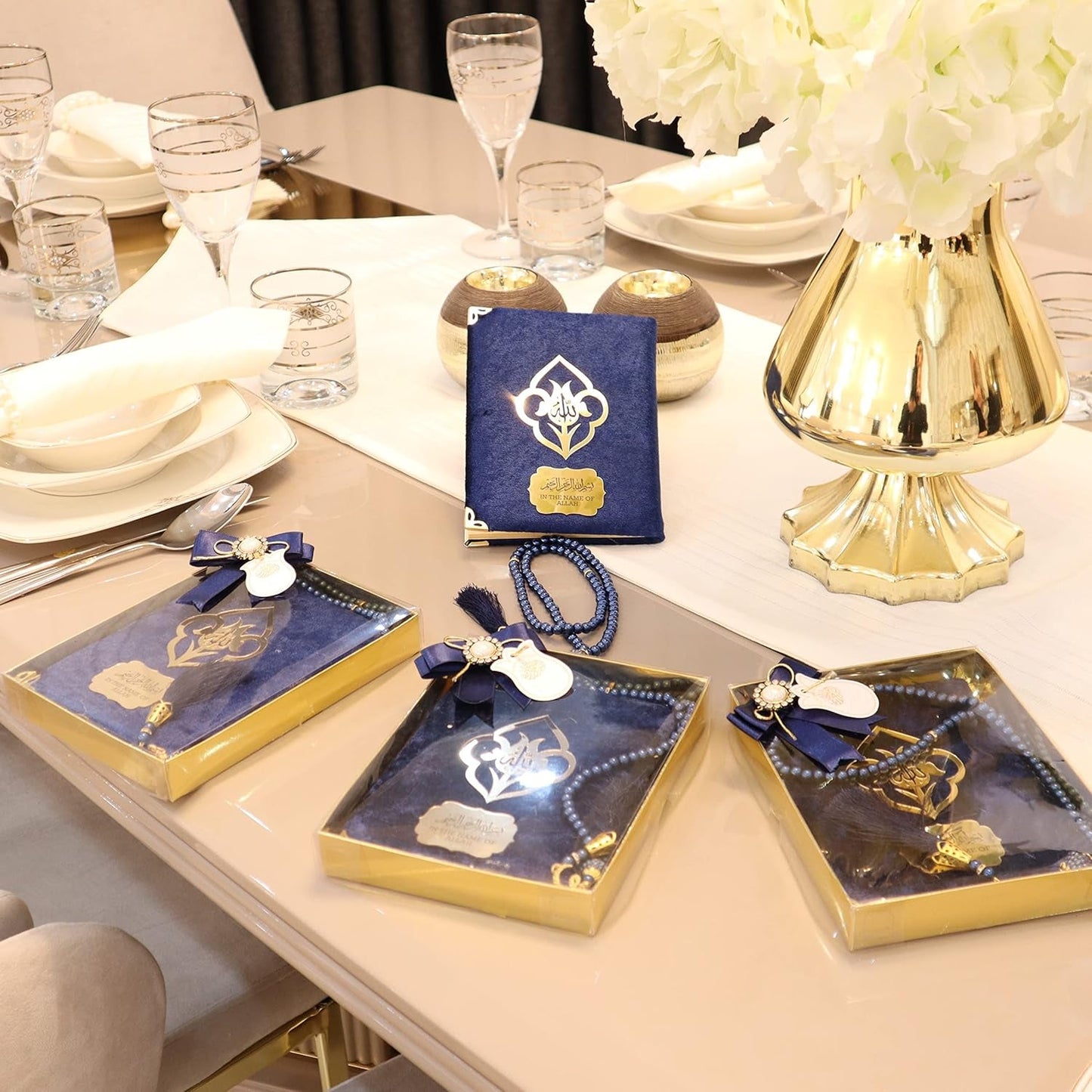 IEF Pack of 5 Personalized Velvet Yaseen Dua Book Prayer Beads Islamic Party Favor Gift, Decorated Navy Blue Pearl Prayer Bead Muslim Gift Set for Ramadan Eid Hajj Umrah Wedding Baby Shower