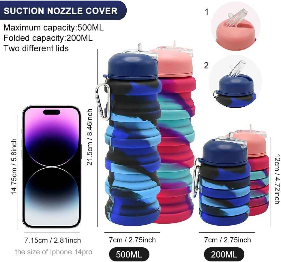 2Pack Silicone Collapsible Water Bottles, Leakproof 16Oz Portable Foldable Expandable Water Bottle Sports Cups with Straw,Bpa Free, for Outdoor Gym Travel(Blue+Rose Red)