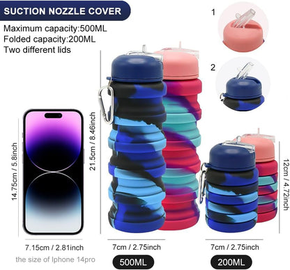 2Pack Silicone Collapsible Water Bottles, Leakproof 16Oz Portable Foldable Expandable Water Bottle Sports Cups with Straw,Bpa Free, for Outdoor Gym Travel(Blue+Rose Red)