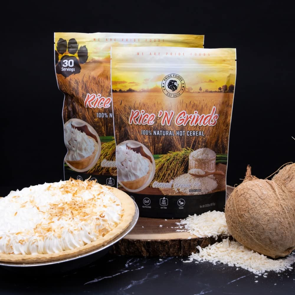 Pride Foods Rice 'N Grinds Hot Cereal - Gluten-Free, Non-Gmo, Vegan-Friendly, Natural Rice Breakfast, Quick & Easy Hot Meal, Low-Fat Comfort Food, 30 Servings, Coconut Cream Pie