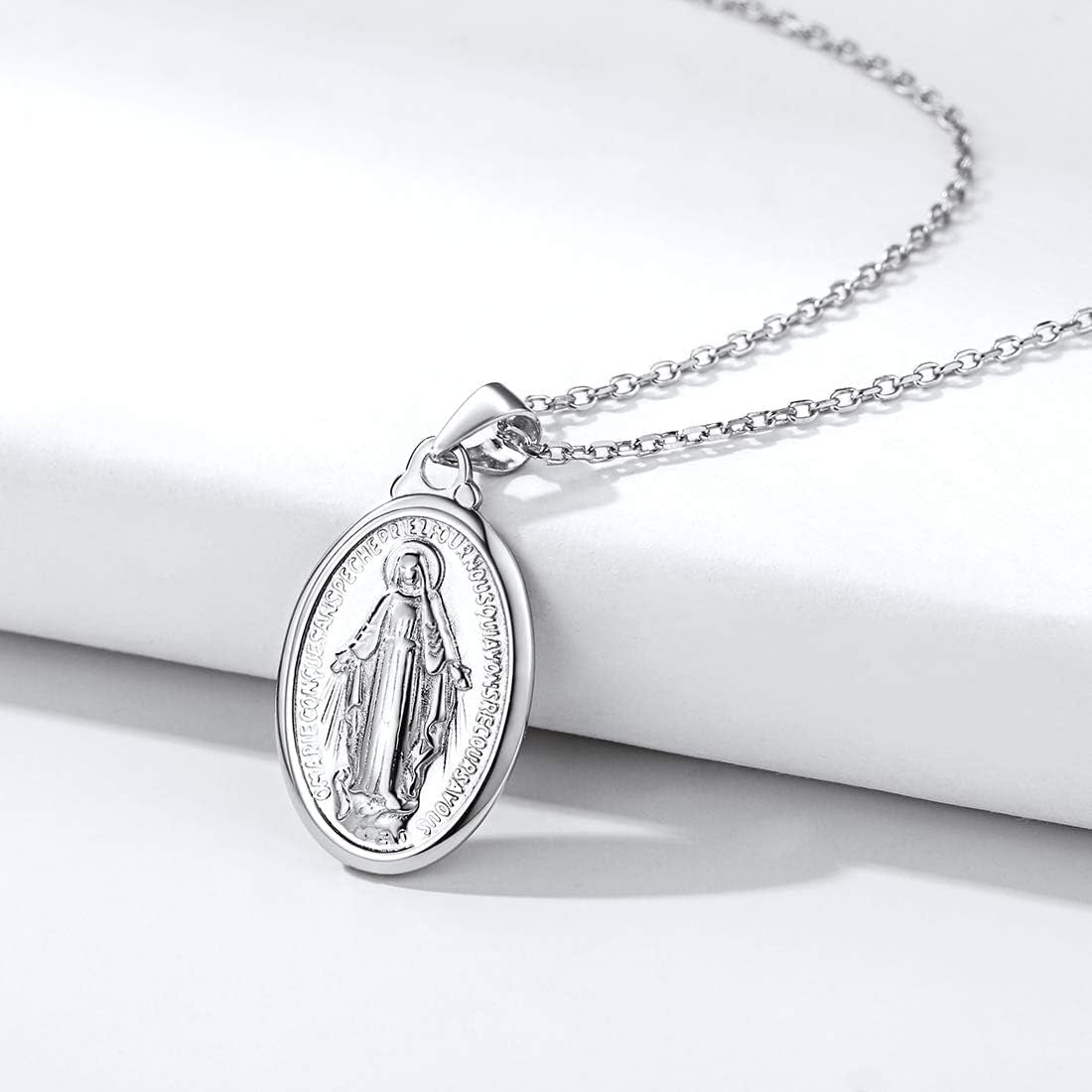 Personalized Virgin Mary Necklace 925 Sterling Silver Religious Christian Jewelry Oval Medal Coin Pendant Necklace for Women Men(With Gift Box)