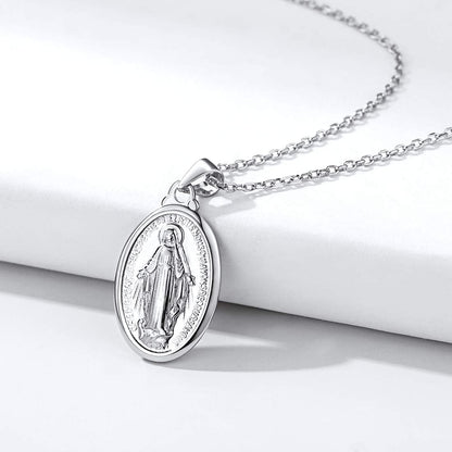 Personalized Virgin Mary Necklace 925 Sterling Silver Religious Christian Jewelry Oval Medal Coin Pendant Necklace for Women Men(With Gift Box)