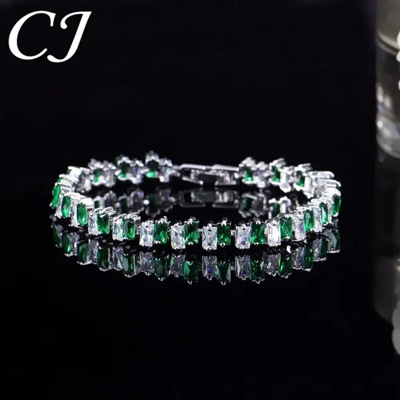 CANDICE High Quality Silver Plating Clear Rectangle CZ Setting Exquisite Women Dinner Party Green Tennis Bracelet Jewelry with Extended Clasp