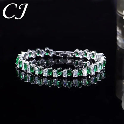 CANDICE High Quality Silver Plating Clear Rectangle CZ Setting Exquisite Women Dinner Party Green Tennis Bracelet Jewelry with Extended Clasp