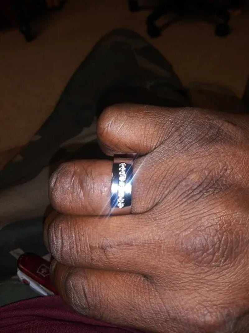 YOHAPP NEW Fashion Couple Rings Set Jewelry - Men's 8mm 316L Stainless Steel Titanium Ring and Women's Three Stone Princess Cut 1CT Diamond   Silver  Bridal Wedding Engagement Band Ring