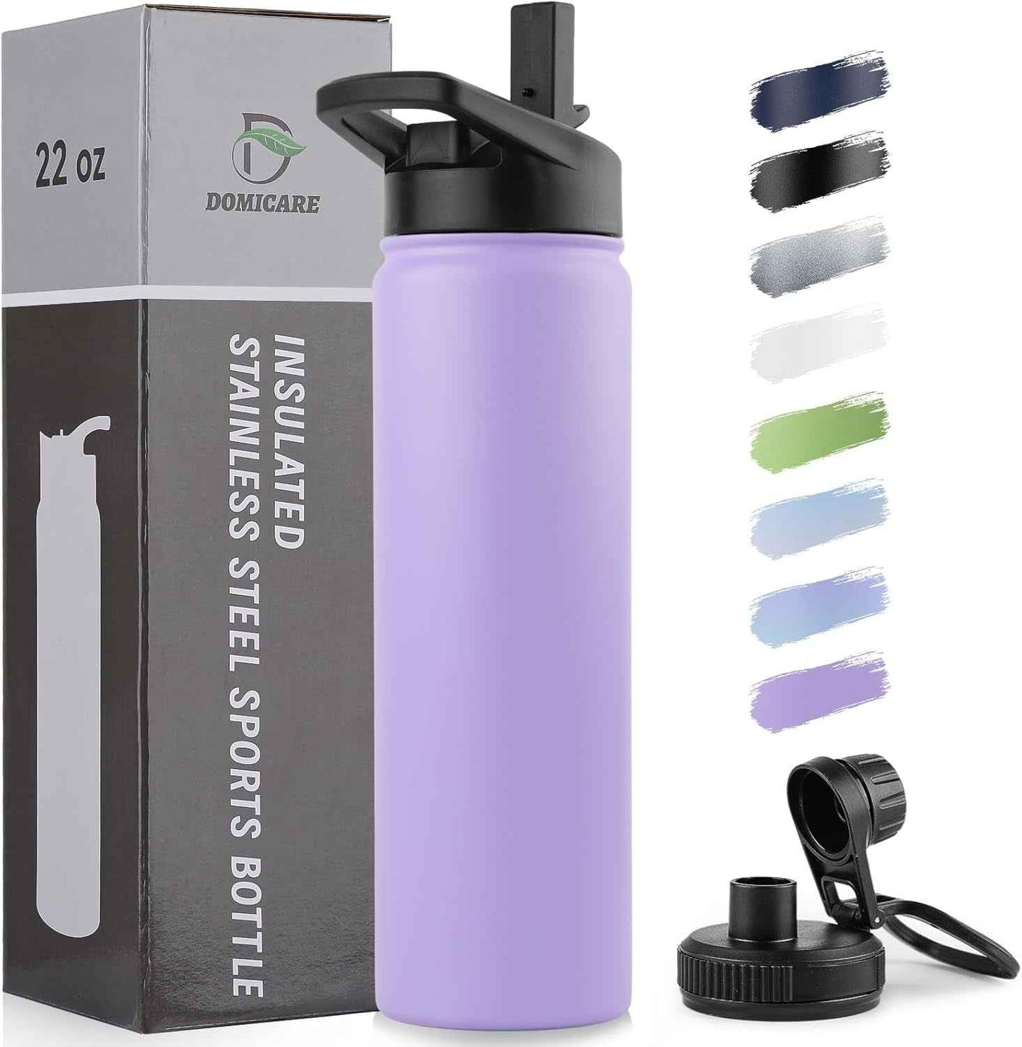 Insulated Water Bottle, 22 Oz Vacuum Insulated Stainless Steel Reusable Sports Bottle with Straw Lid & Spout Lid for Travel, Camping, Bike, Leakproof, Purple, 1 Pack