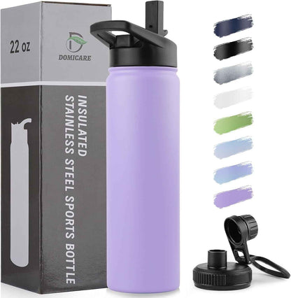 Insulated Water Bottle, 22 Oz Vacuum Insulated Stainless Steel Reusable Sports Bottle with Straw Lid & Spout Lid for Travel, Camping, Bike, Leakproof, Purple, 1 Pack