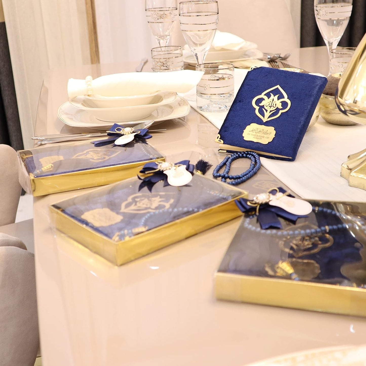 IEF Pack of 5 Personalized Velvet Yaseen Dua Book Prayer Beads Islamic Party Favor Gift, Decorated Navy Blue Pearl Prayer Bead Muslim Gift Set for Ramadan Eid Hajj Umrah Wedding Baby Shower