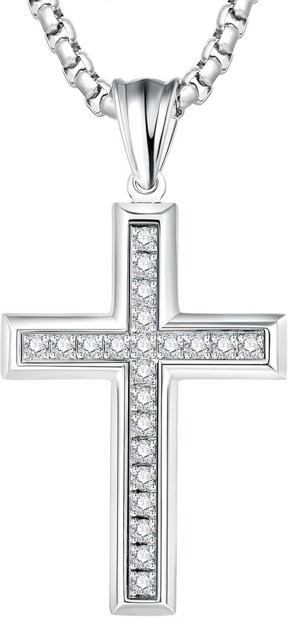 Cross Necklace for Men Stainless Steel Crucifix Pendant Silver White Gold Yellow Black Jesus Christ Plain Simple Women Fine Jewelry Gifts, 24 Inches Rolo Chain, Zirconia, Polished, Rope