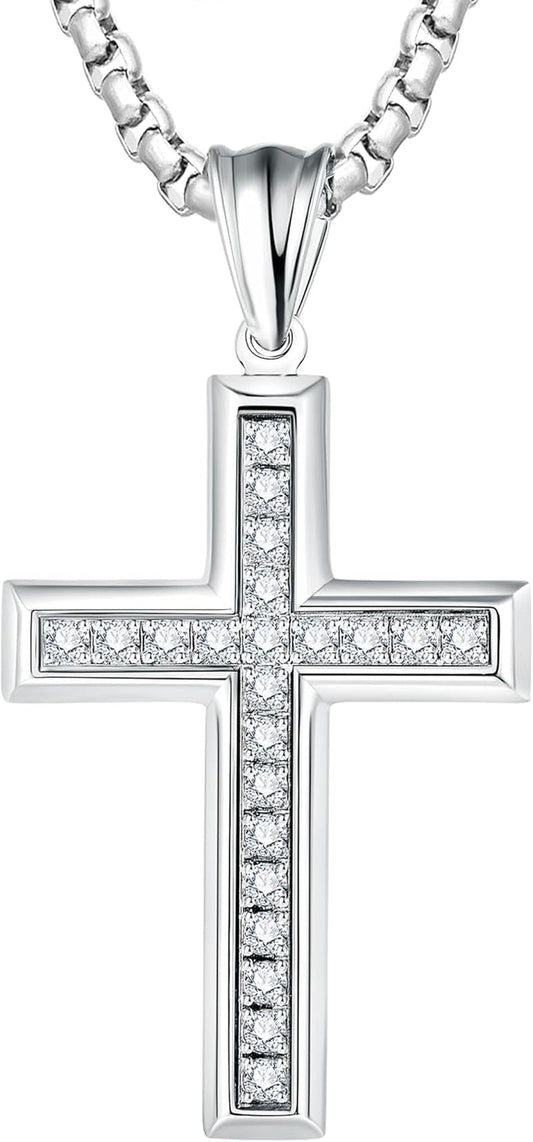 Cross Necklace for Men Stainless Steel Crucifix Pendant Silver White Gold Yellow Black Jesus Christ Plain Simple Women Fine Jewelry Gifts, 24 Inches Rolo Chain, Zirconia, Polished, Rope